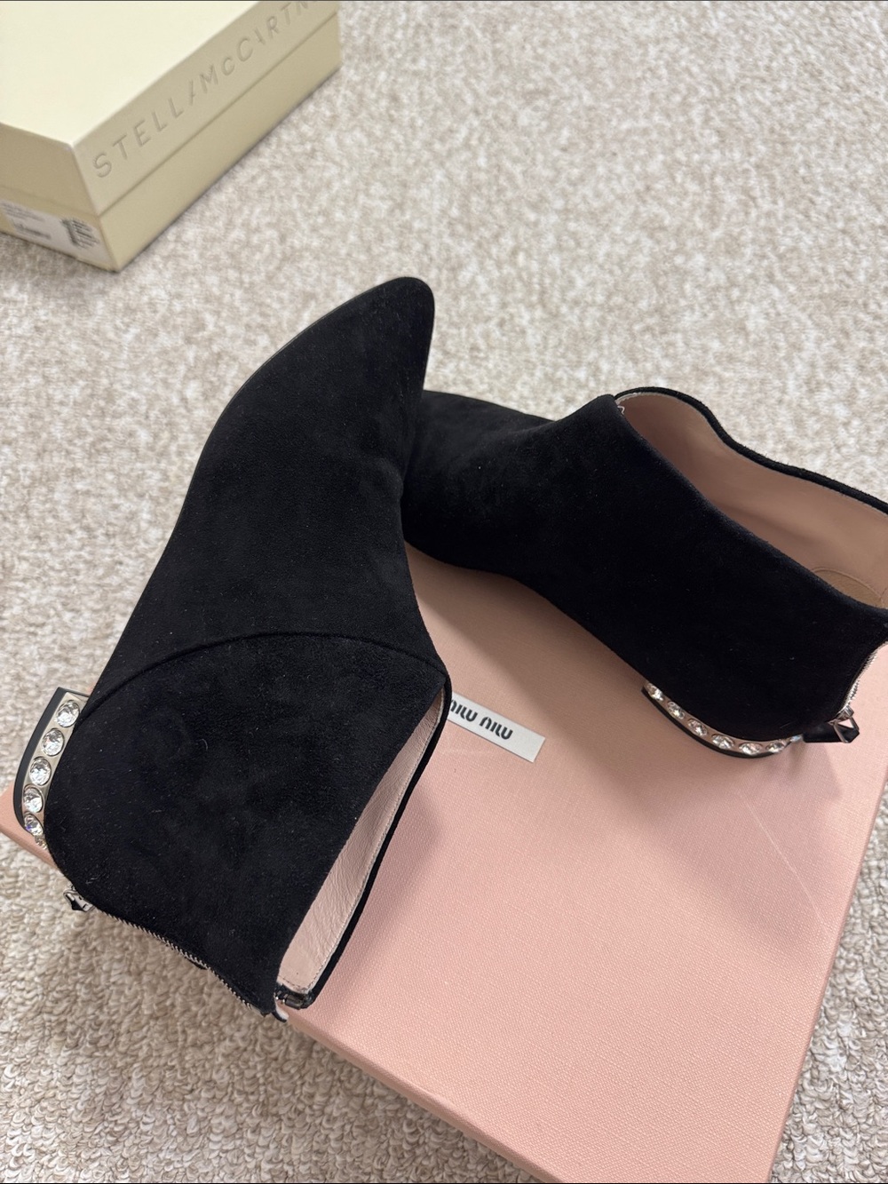 Miu Miu Black Suede Crystal-Embellished Ankle Booties